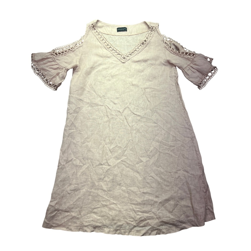 Terzo Millennio Linen Dress Cold Shoulder Crochet Trim Italy Made Size L‎ Boho